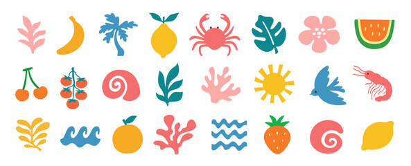 Minimal simple wavy naive groovy doodle icon summer tropical set