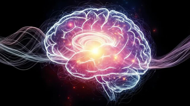Vivid neural brain with fiery center, symbolizing intense thought, cognitive explosion, and technological enlightenment.