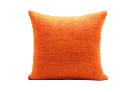 Bright orange cushion with textured fabric on black background, cut out