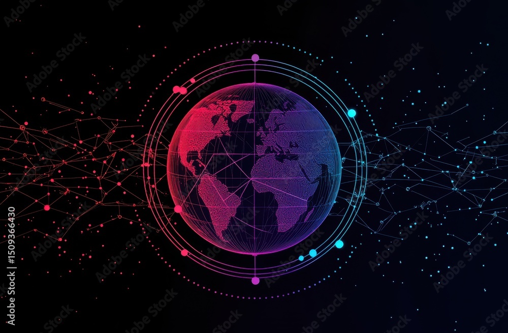 Poster abstract global network concept with planet earth and connecting dots, lines in a gray background ve
