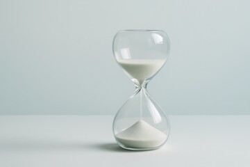 Minimalist still life of a classic glass hourglass with white sand steadily flowing, isolated against a serene, pale light blue background, symbolizing the passage of time and deadlines