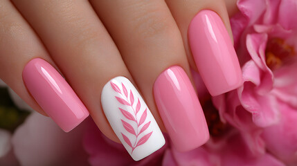 Chic pink nails adorned with a minimalist leaf design evoke feelings of freshness and renewal.