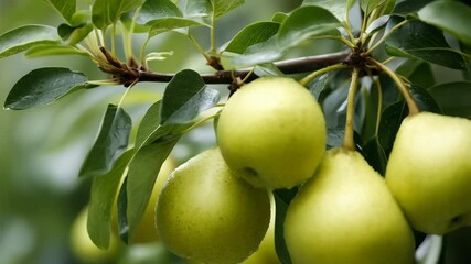 Close-up of ripening green pears on a tree branch with fresh leaves and water droplets in orchard, representing harvest season. - Powered by Adobe