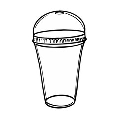 A black and white line drawing of a disposable coffee cup with a lid. Plastic glass for cold lemonade. Cold drink to go outline drawing painted by black inks. Hand drawn vector illustration outline