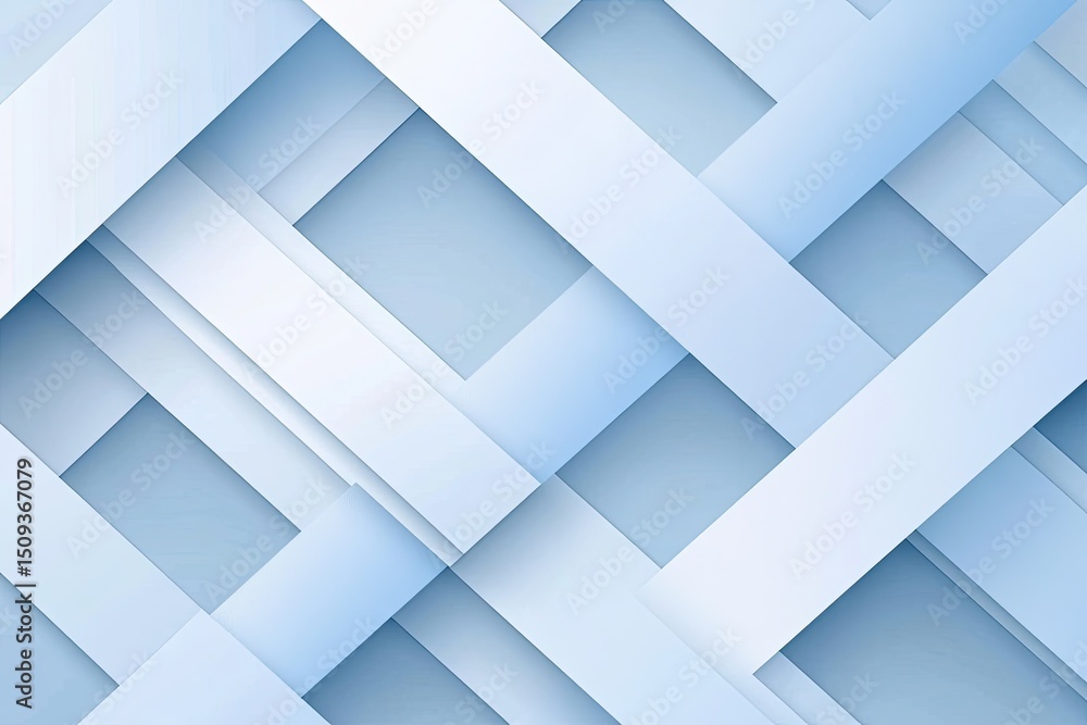 Poster Abstract geometric pattern of light blue and white overlapping rectangles and strips.  Interlocking shapes create a layered visual effect