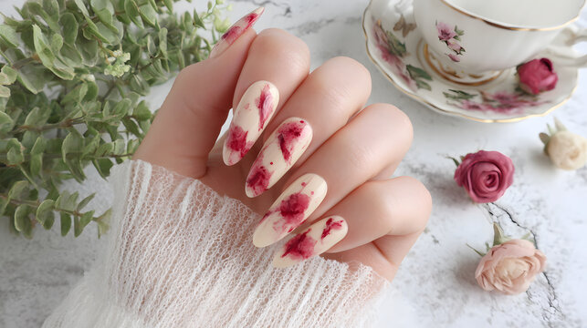 A soft and sweet nail design featuring milky white polish and floral accents, evoking tranquility and beauty.