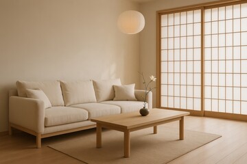 Serene Japandi style living room with a low profile linen sofa, handcrafted light wood coffee table, shoji screen room divider, and a single ikebana flower arrangement, generative AI