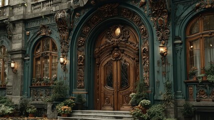 Obraz premium Ornate Wooden Doorway of Historic Building