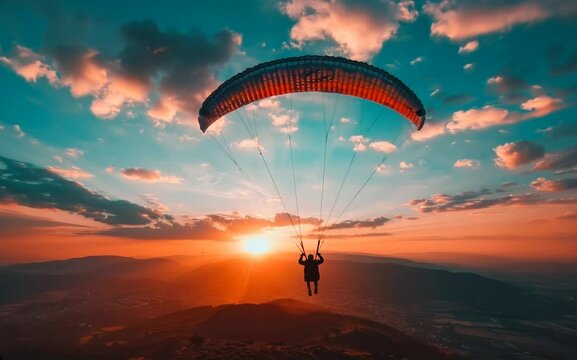A man is flying a parachute in the sky. The sky is blue with a few clouds. The sun is setting, creating a warm and peaceful atmosphere