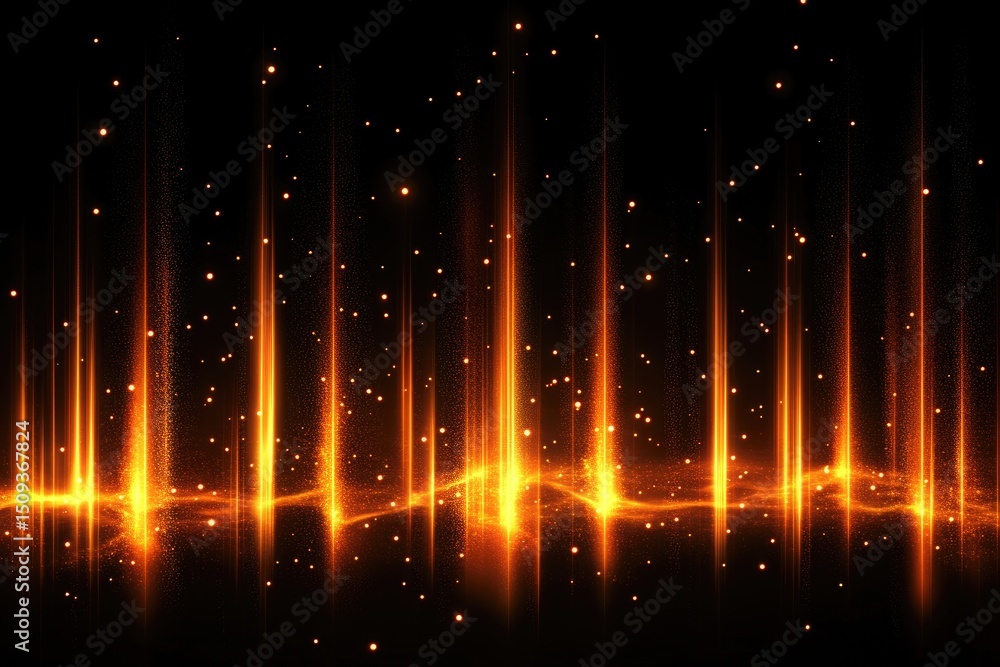 Poster dynamic orange light streaks across a dark background. sparkling particles and vertical light beams 