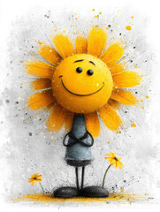 A cartoon sunflower character with a goofy grin, crossed eyes, and scribbled petals in yellow hues, dressed in blue, stands on roots against a white background The style is whimsical a - AI-Generated