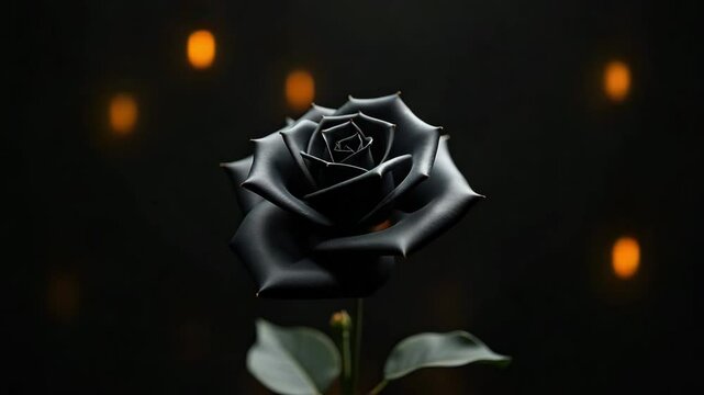 Black onyx rose sculpture with glossy petals, luxury dark gemstone floral design on deep black background with copy space