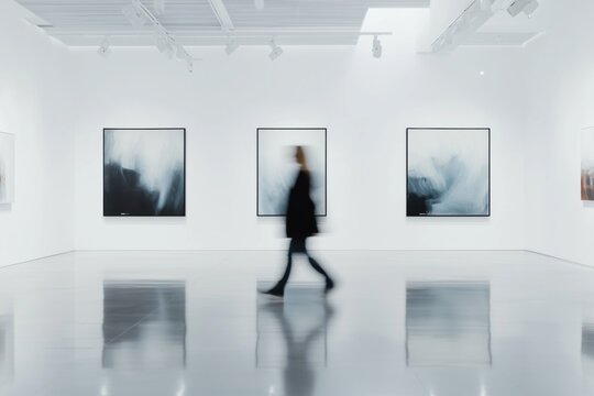 Person walking through contemporary art gallery with various abstract paintings on white walls emphasizing reflective flooring and minimalist design