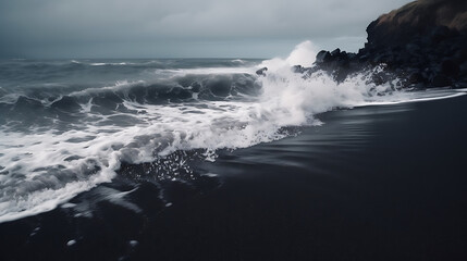 Fototapeta premium Waves hitting the black sand beach, empty space