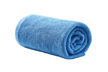Rolled blue towel isolated on black background for home and spa use, cut out