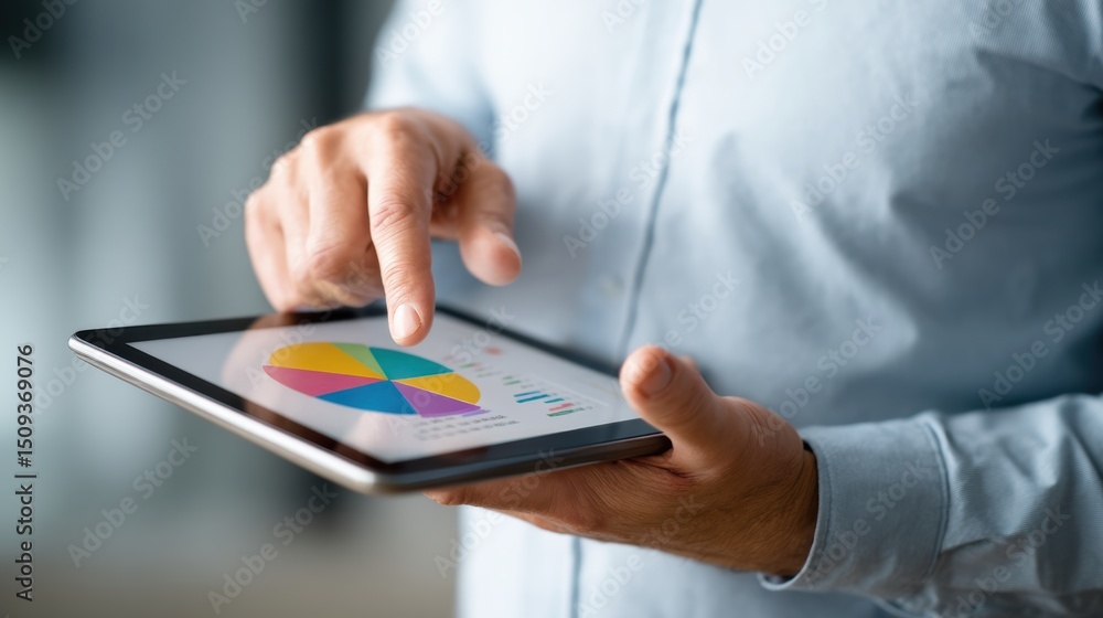 Poster a person analyzing data on a tablet with colorful graphs and charts for business insights.