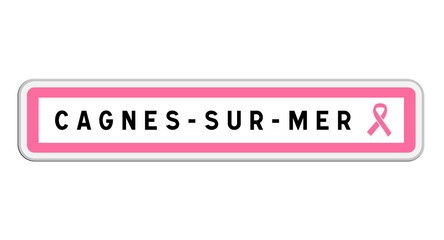 Panneau d'entrée de Cagnes-sur-Mer, Alpes-Maritimes, Provence-Alpes-Côte d'Azur avec Ruban Octobre Rose