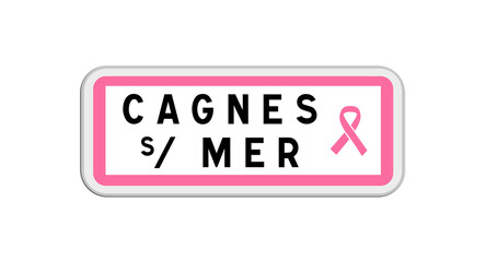 Panneau d'entrée de Cagnes-sur-Mer, Alpes-Maritimes, Provence-Alpes-Côte d'Azur avec Ruban Octobre Rose