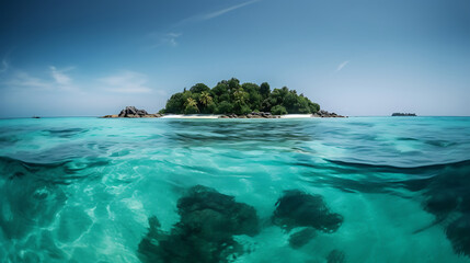 Wide shot of a tropical island with clear blue water, empty space