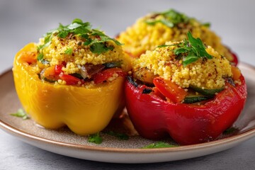 Gef&uuml;llte Paprika Couscous Gem&uuml;se Vegan Gesund Mediterran Bunt Aromatisch Ofengericht Hausgemacht Vegetarisch Hauptgericht Leicht Sommerrezept Pflanzenbasiert Kreativ W&uuml;rzig
