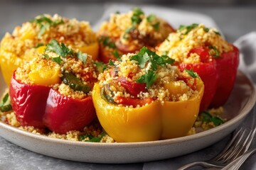 Gef&uuml;llte Paprika Couscous Gem&uuml;se Vegan Gesund Mediterran Bunt Aromatisch Ofengericht Hausgemacht Vegetarisch Hauptgericht Leicht Sommerrezept Pflanzenbasiert Kreativ W&uuml;rzig