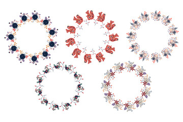 Set of wreaths of flowers and branches, birds and squirrels. Decorative elements in folk style. Vector illustration	
