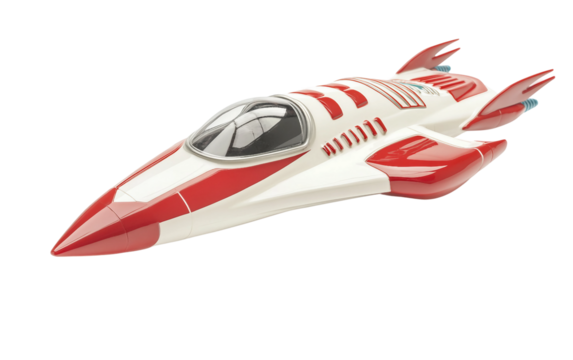 Detailed plastic rocket ship toy for kids featuring vibrant red and white colors isolated on transparent background PNG