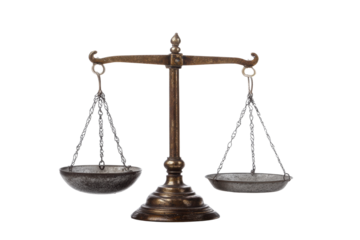 Vintage brass balance scale with chains on white background, cut out