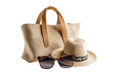 Summer beach vacation accessories bag cap strawn hat sunglass isolated on white