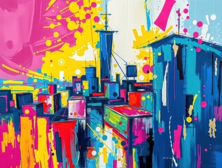 Colorful abstract cityscape in acrylic graffiti style