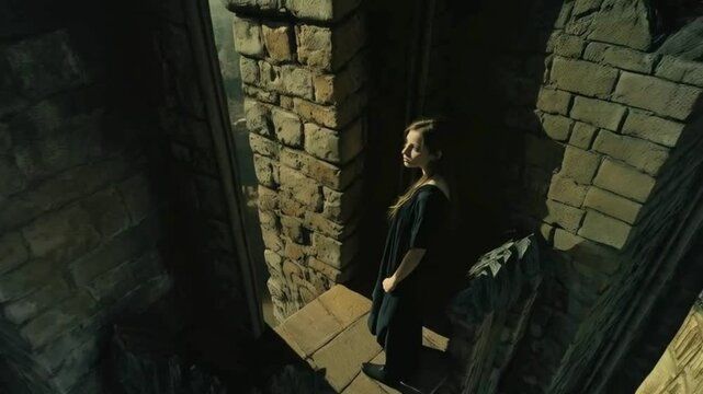 Mysterious twilight girl gazing from tower window against moonlit castle backdrop