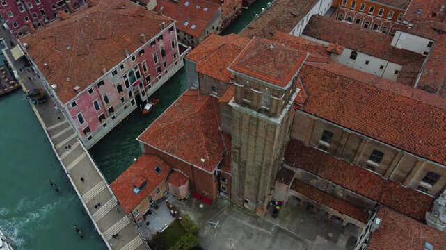 Venice street with canal and boats going around. Taken with my drone.