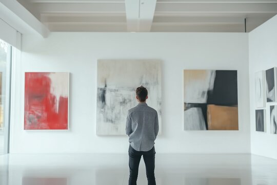 Person standing in modern art gallery while observing abstract paintings on wall. Clean white walls and high ceiling create spacious atmosphere