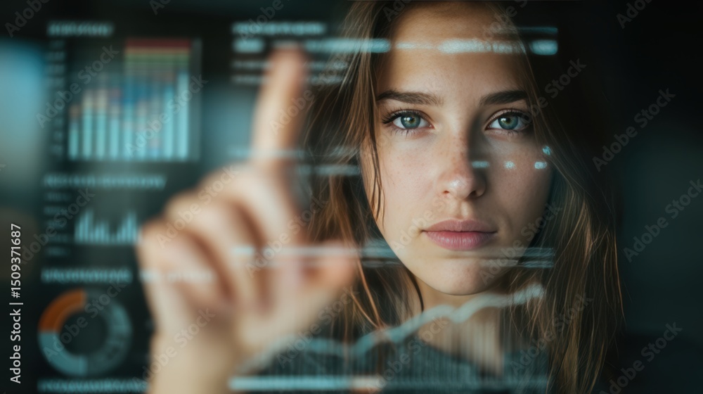 Poster focused woman analyzing data on a futuristic digital display interface.