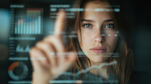 Focused woman analyzing data on a futuristic digital display interface.