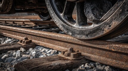 A vintage train wheel rests on rusted tracks with gravel scattered around. The sunlight casts shadows, highlighting the texture of the metal and wood. A sense of nostalgia envelops this scene