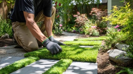 A gardener carefully places artificial grass pieces alongside a stone pathway in a vibrant backyard. The setting is filled with colorful flowers and greenery, creating a serene atmosphere