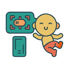 Cute baby scanning a QR code illustration for telecom company children's products
