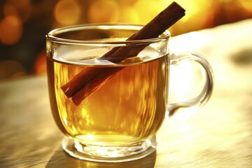 Fototapeta premium Warm cinnamon tea in glass cup with sunlit background for cozy autumn vibes