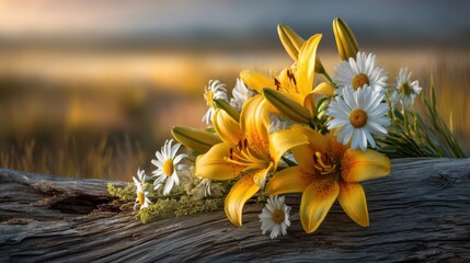 Yellow lilies and white daisies are artistically arranged on a weathered log, showcasing vibrant colors as soft sunlight casts a warm glow during sunset in a peaceful outdoor environment