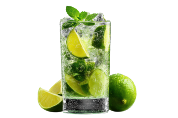 Refreshing mojito cocktail with lime and mint garnish on black background, cut out