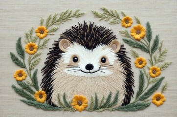 Whimsical hedgehog embroidery surrounded by vibrant flowers and greenery on a beige fabric background