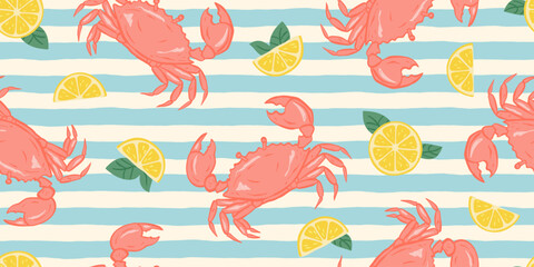 Fototapeta na wymiar Hand drawn red crabs and lemon slices seamless pattern on blue and white striped background for summer seafood theme vector illustration
