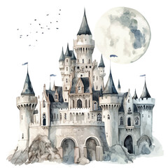 watercolor of Moonlit Castle, vector high quality, isolated on a white background.