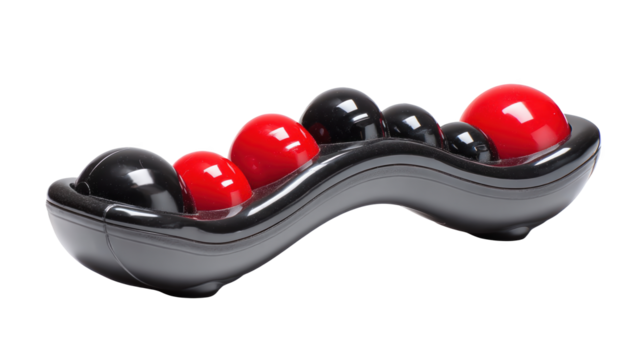 Soothing aching muscles with handheld massage tool featuring red and black spheres, providing relief and relaxation on a transparent background, ready for integration into various design projects