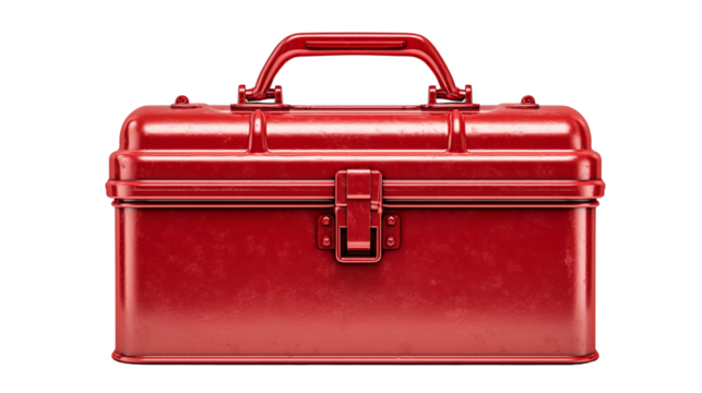 A close-up shot of a bright red toolbox isolated on a black background.
