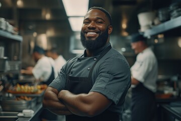 African American chef posing confidently in professional kitchen, surrounded by cooking staff focused on preparing dishes, showing teamwork and culinary expertise