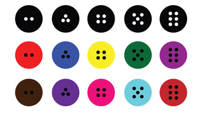 Set of colorful sewing buttons with various hole designs in a grid layout on white background