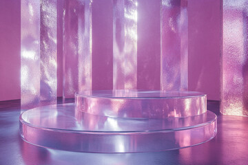Glass-like podium with metallic reflections and soft glow