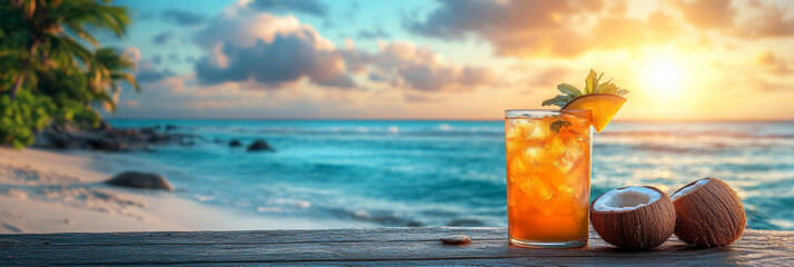 Coconut cocktail with ice cubes on the beach at sunset.
